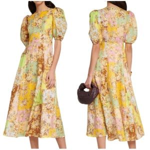 Alemais Matilde Linen Midi Dress Size 6 US 2 Floral Patchwork Puff Sleeve